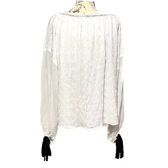 SOLD! CeCe Tie Neck & Cuffs Floral Eyelet Top In Soft Ecru size PL White - Picture 3 of 8